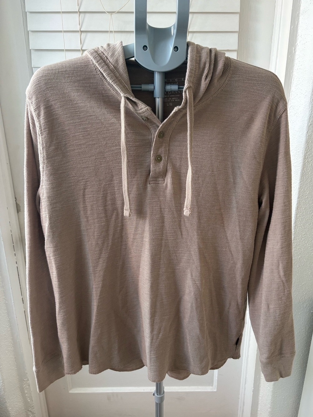 Lucky Brand Burnout Thermal Waffle Knit Henley Hoodie Beige Men’s Large
